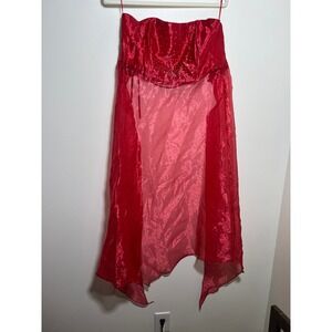 Vintage Red Rhinestone Corset Top with Sheer High Low Organza‎ Train